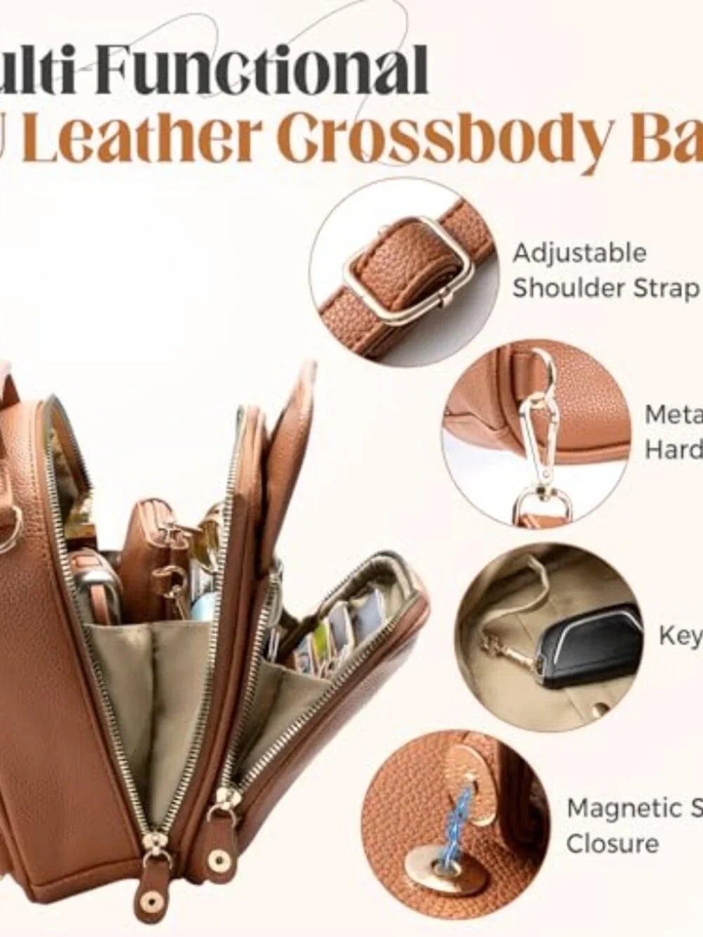 Vegan Leather Crossbody Bag with 2 Straps Anti Theft RFID